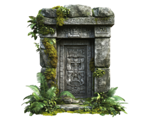 Ancient Mayan temple entrance covered in lush jungle foliage, showcasing intricate stone carvings and vibrant greenery, evoking sense of mystery and history