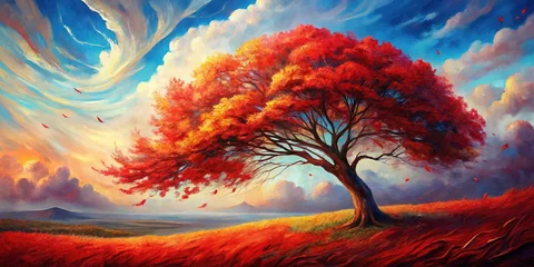 Fototapete Vibrant Red Autumn Tree, Windswept Branches, Oil Painting Landscape © Sunee