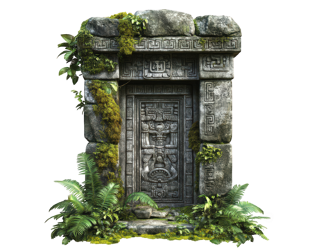 Ancient Mayan temple entrance covered in lush jungle foliage, showcasing intricate stone carvings and vibrant greenery, evoking sense of mystery and history