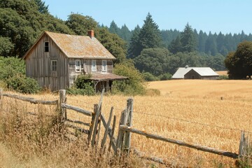 Weathered Farmhouse in Golden Wheat Field Under Summer Sky