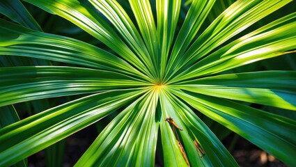 Vibrant Close-Up of Palm Leaf Texture with Sunlight Effects Highlighting Natural Greenery and Contrast in a Tropical Setting