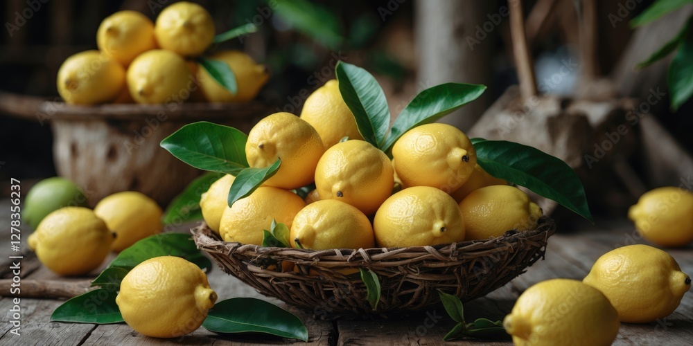 Poster fresh thai lemons arranged in baskets on a rustic wooden surface with green leaves and ample empty s