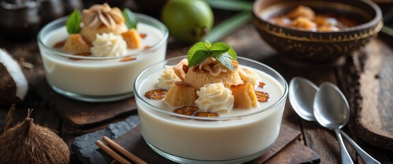 Coconut Milk Thai Dessert with Fresh Fruits and Toppings in Traditional Setting