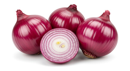 Fresh red onions whole and sliced, isolated on a white background, organic farm vegetables