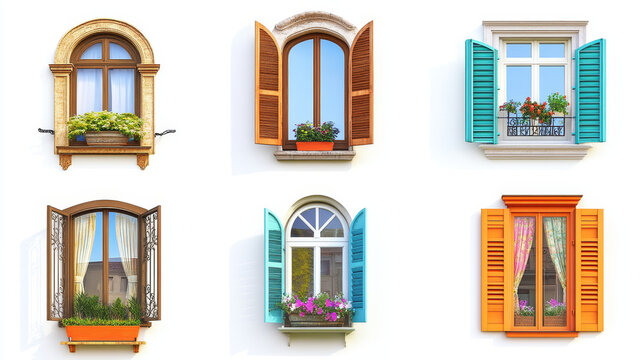 Wooden windows with open shutters in mediterranean style isolated on white background. Vector cartoon set of house windows with colored frames, curtains and flower pots on sill