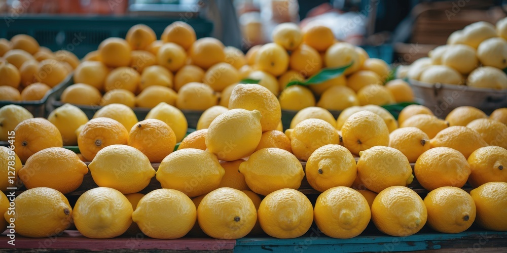 Poster vibrant display of fresh lemons in market setting with ample empty space for text showcasing freshne