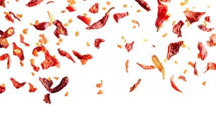 Red chili pepper flakes falling on black background. Isolated, transparent background. Food photography, PNG