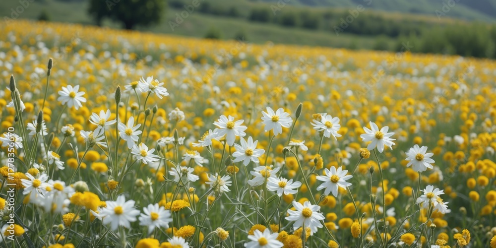 Poster vibrant field of yellow and white flowers with lush greenery and clear sky creating an inviting spac
