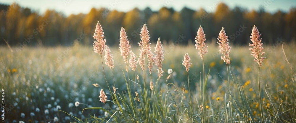 Poster graceful grass flowers in a sunlit field with vibrant colors and ample space for adding your own tex