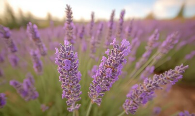Obraz premium Closeup of Purple Lavender Blossoms in a Sunlit Field