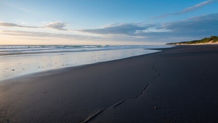 Scenic Black Sand Beach at Sunset with Gentle Waves and Expansive Copy Space for Text or Branding