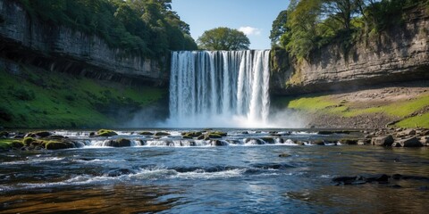 Majestic Waterfall Surrounded by Lush Greenery with Clear Sky and Tranquil River Flowing Below Empty Space for Text Overlay