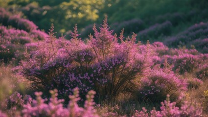 Obraz premium Blooming Heather in Summer Field with Vibrant Pink Blooms and Soft Natural Background Ideal for Text Overlay