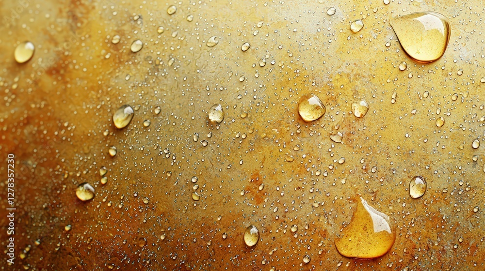 Poster close-up view of water droplets on a textured surface with a warm color palette and natural elements