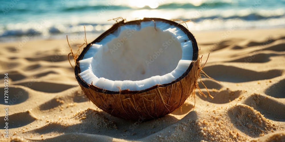 Poster empty coconut shell on golden sand at beach with gentle waves in background and warm light creating 