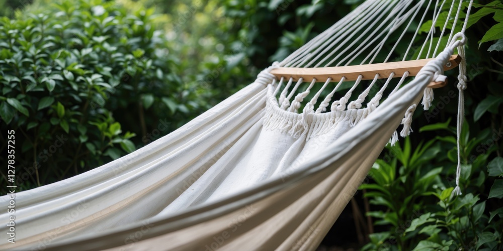 Poster serene hammock scene surrounded by lush greenery offering a cozy space for relaxation in a tranquil 