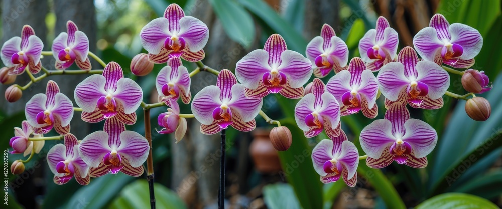 Poster exquisite orchids in tropical environment with vibrant colors and ample space for text and design el