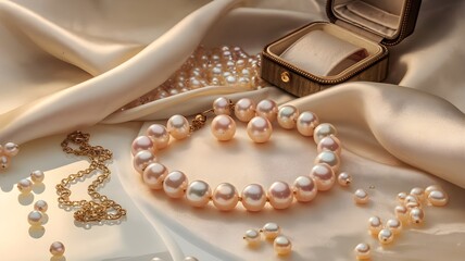 Luxurious pearl necklace and earrings elegantly displayed on satin fabric with a vintage jewelry box, scattered pearls, and soft golden-hour lighting.