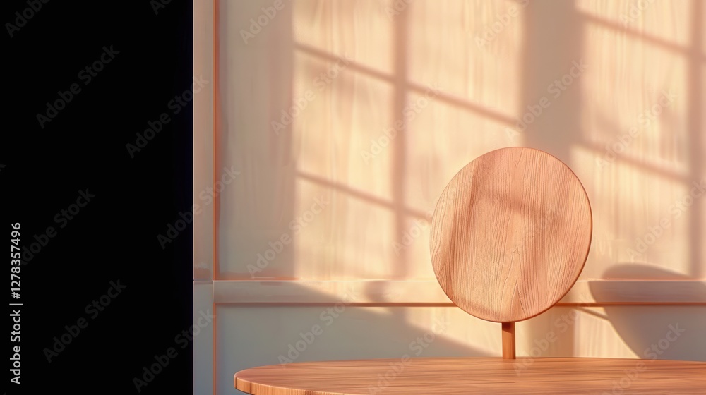 Poster wooden chair with round backrest on minimalist table against soft natural light and shadow patterns 