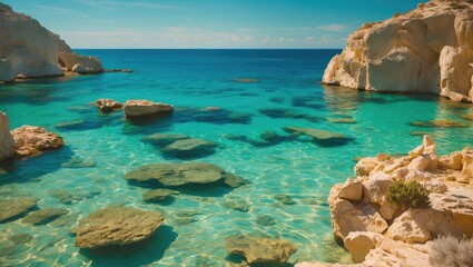 Serene Tropical Seascape with Crystal Clear Water and Rocky Shoreline Ideal for Text Overlay and Design Projects