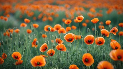 Obraz premium Vibrant Orange Poppy Field in Bloom Under Soft Natural Light on a Clear Day