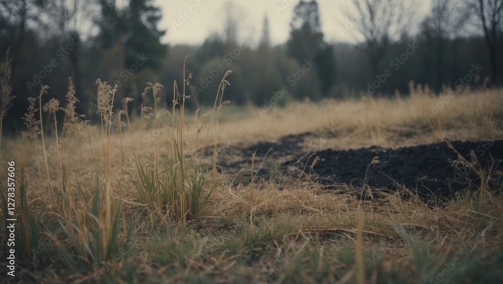Poster burnt grass landscape with empty space for text in a somber natural setting