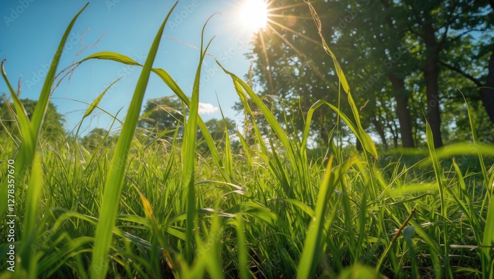Poster lush green grass under bright sunlight with a soft focus and empty space for text in a serene outdoo