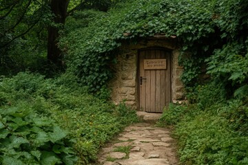Fototapeta premium Hidden Stone Doorway Concealed in Lush Green Foliage