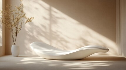Bright sunlight streaming across minimalist living space, highlighting white sofa near green decorative plant