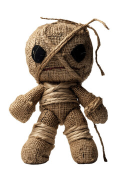 Unique and intricate voodoo doll crafted with burlap fabric and twine, showcasing an enigmatic design and distinct character