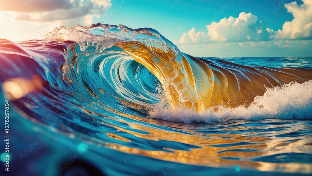 Poster waves crashing on shore with vibrant colors and space for text overlay in a coastal scene