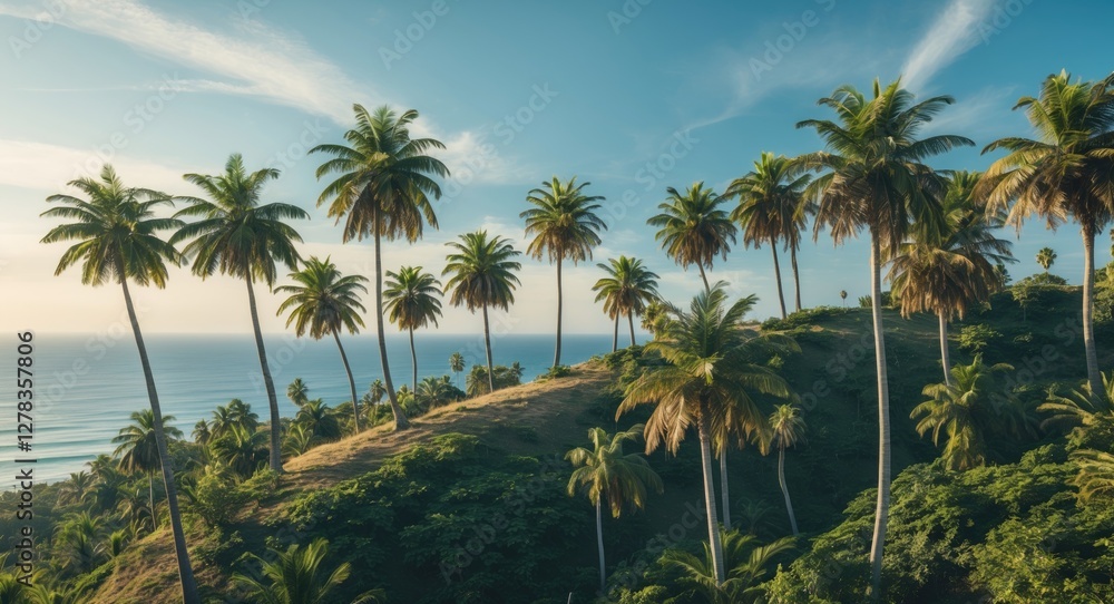 Poster lush palm trees on a scenic hill overlooking the ocean with generous space for text and background u