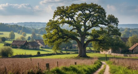 Fototapeta premium Serene Village Landscape Featuring Majestic Old Oak Tree Amidst Rolling Hills and Rustic Cottages in Pleasant Natural Setting