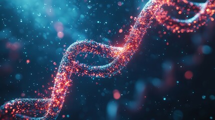 Abstract representation of DNA strand with glowing particles and vibrant colors in a scientific background