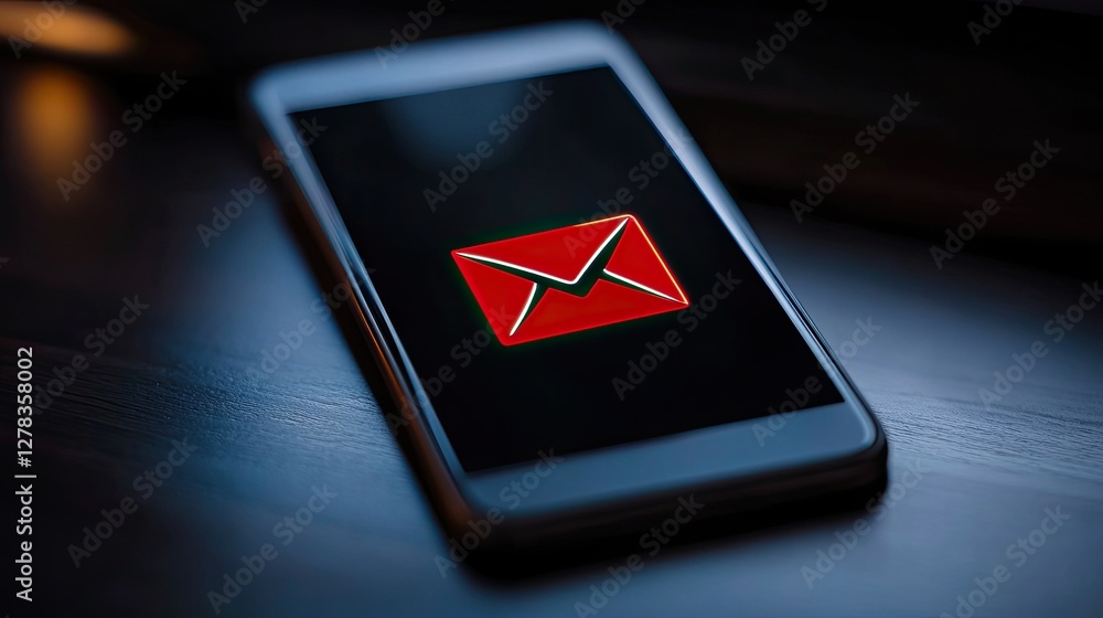 Poster hacker attack concept with a smartphone receiving suspicious emails and a red exclamation icon.