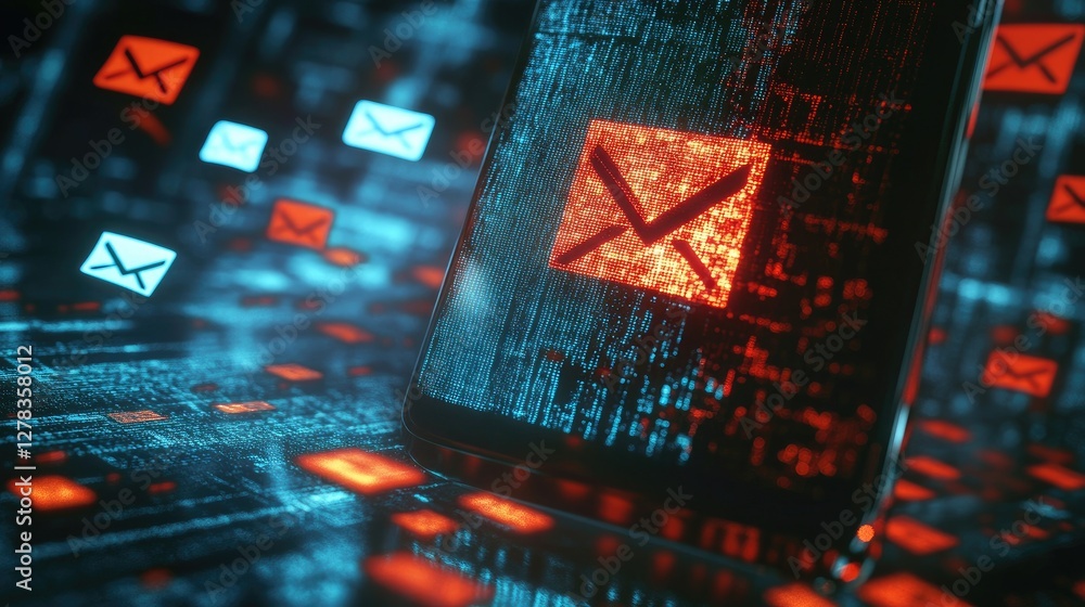 Poster hacker attack concept with a smartphone receiving suspicious emails and a red exclamation icon.
