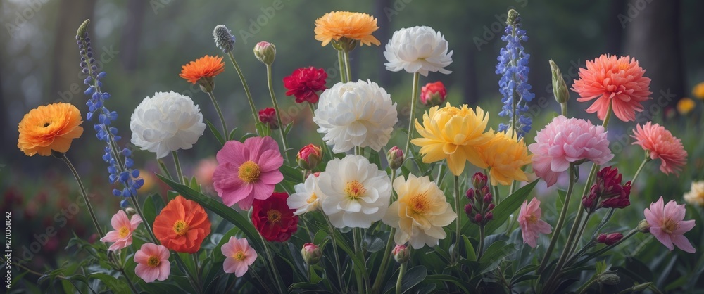 Poster vibrant display of colorful blossoms in a serene garden setting with lush greenery and diverse flowe