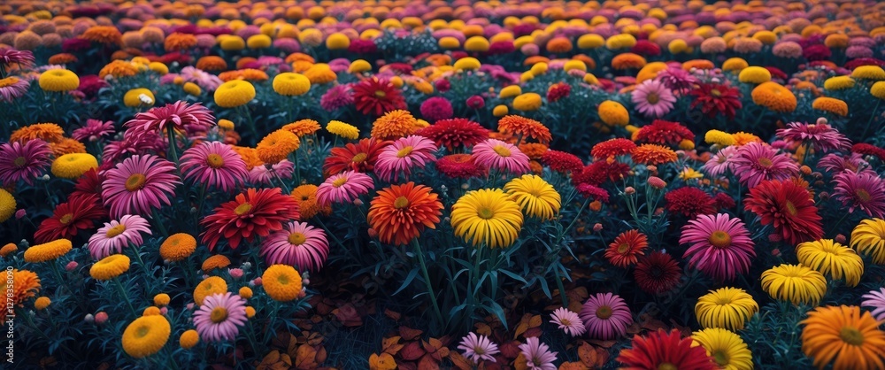 Poster vibrant autumn flower field bursting with color and texture creating a stunning backdrop with ample 