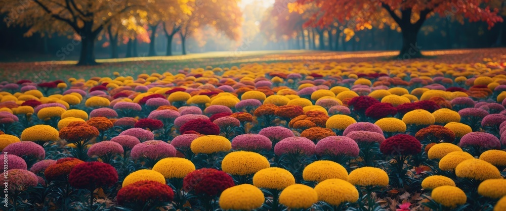 Poster vibrant autumn chrysanthemums in bloom with soft glowing background and empty space for text or mess