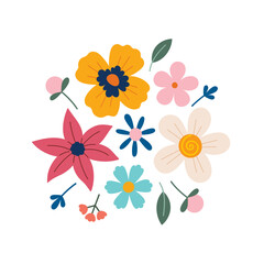 Flowers bouquet. Different flowers isolated on white. Vector illustration. Summer and spring flowers and herbs. Hand drawn lily, tulip, peony, narcissus, doodle style, flat design.