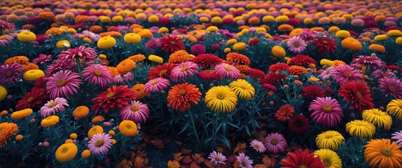 Vibrant autumn flower field bursting with color and texture creating a stunning backdrop with ample space for your text overlay.