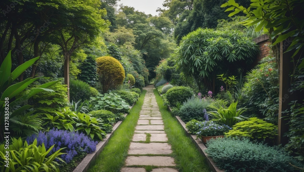 Poster lush garden pathway surrounded by vibrant greenery with empty copy space for text design and nature 