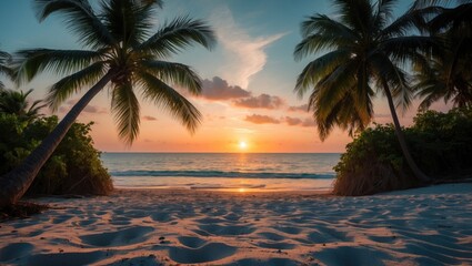 Sunset over a tranquil beach framed by coconut palms creating a serene tropical atmosphere.