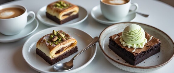 Breakfast Delight with Coffee, Strudel, Brownie, and Pistachio Ice Cream Perfectly Complementing a Morning Snack Experience.