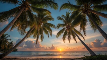 Fototapeta premium Beach sunset view framed by coconut palm trees against a dramatic sky with clouds and ocean waves for serene and tropical atmosphere.