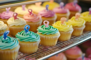 Custom cupcakes featuring cancer awareness ribbons in a bakery. Generative AI