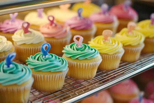 Custom cupcakes featuring cancer awareness ribbons in a bakery. Generative AI