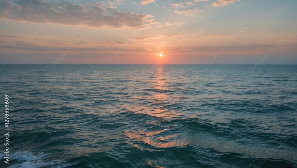 Poster serene dawn over tranquil sea with warm sunlight reflecting on water surface and ample space for tex