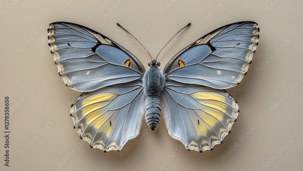 Poster stunning blue butterfly with yellow accents displaying intricate wing patterns and blank space for t