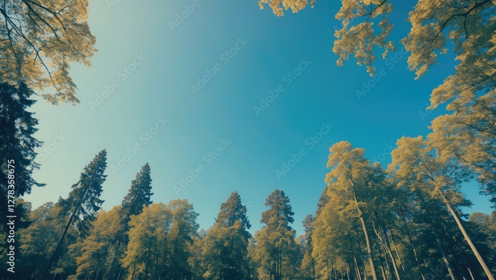 Poster tall trees under a clear blue sky in a serene forest setting with ample copy space for text or messa